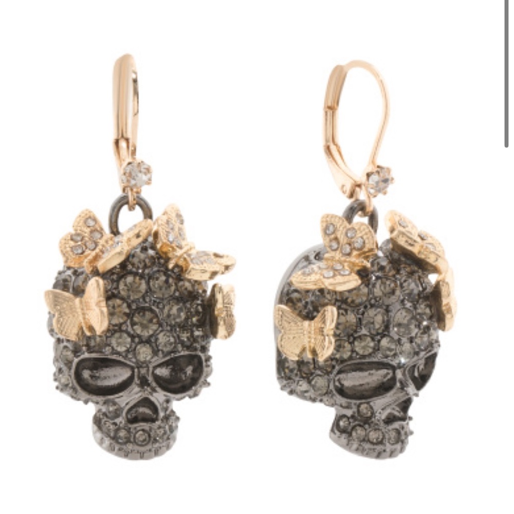 NEW BETSEY JOHNSON  Gunmetal Tone Butterfly Skull Earrings